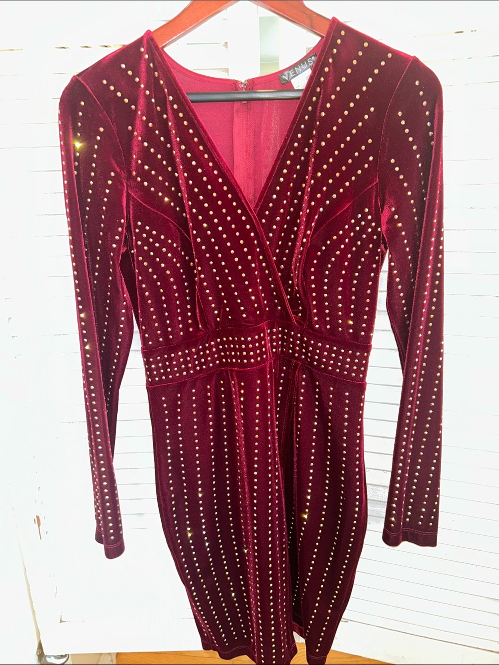 VENUS Burgundy Velvet Studded Long Sleeve Wrap Dress 👗 shine ✨